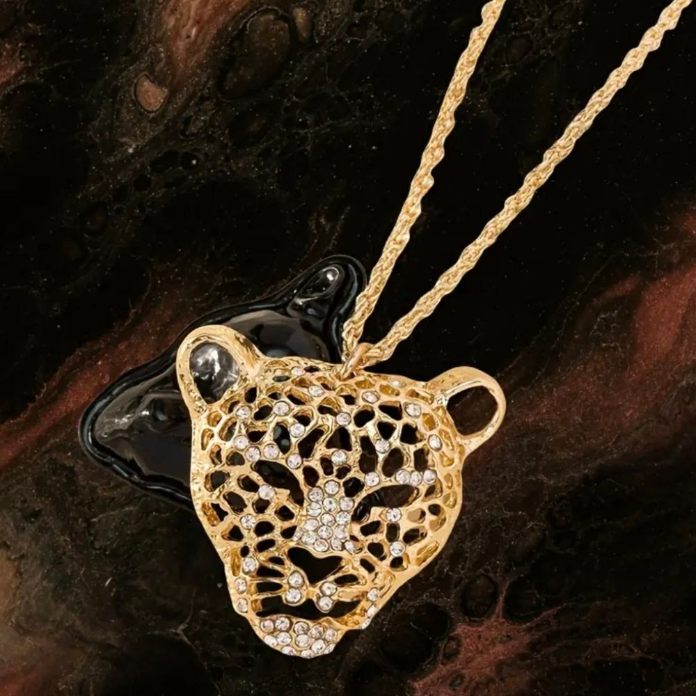 Gold Leopard Head Rhinestone Necklace